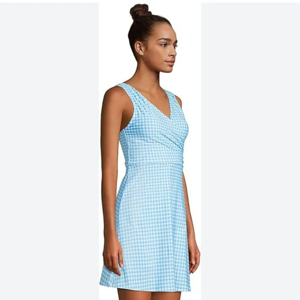 NWT Lands' End Aqua Blue Gingham Tummy Control Swim Dress Size 12 LONG Modest